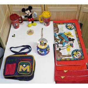 Disney Collectible Lot 2Travel Mugs 2 Pins Snowglobe 7 Bandanas Watch Lunch bag